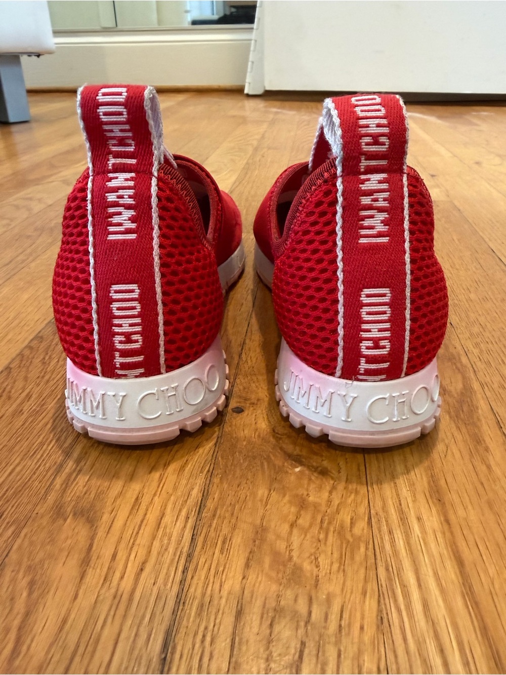 Jimmy Choo Red Mesh Slip-On Sneakers with White Logo Heel
